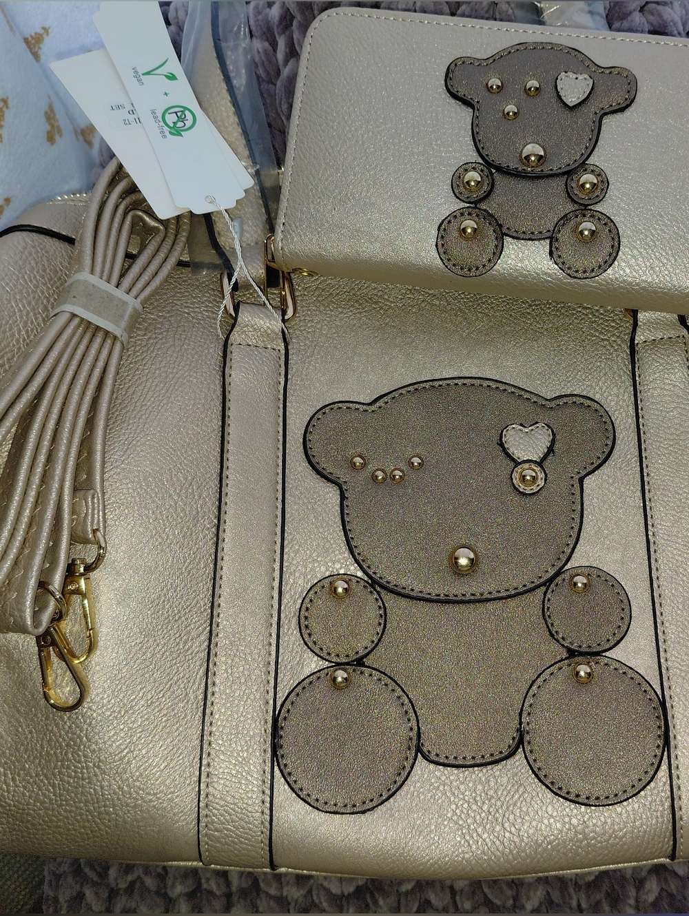 Women’s Metallic Gold Tote Bag with Bear Appliqué and Matching Wallet